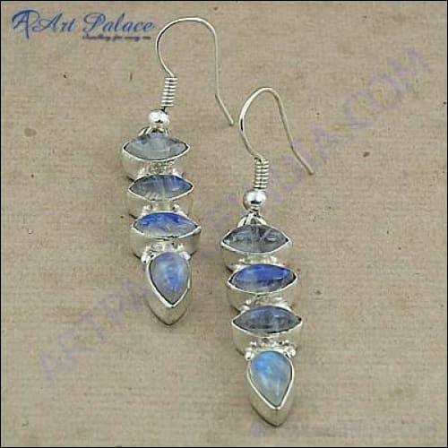 Fashionable Rainbow Moonstone Earring in White Metal Rainbow Moonstone Earrings Dangle Silver Earrings