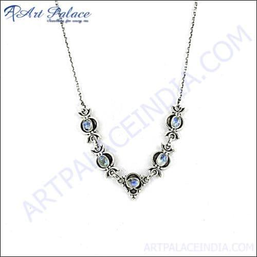 Fashionable Rainbow Moonstone Gemstone Silver Necklace Shiny Gemstone Necklace Solid Gemstone Necklace
