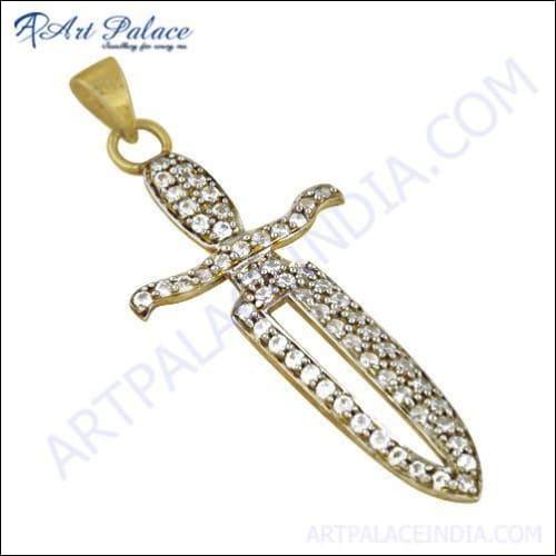 Fashionable Sword Style Cz Gemstone Gold Plated Silver Pendant