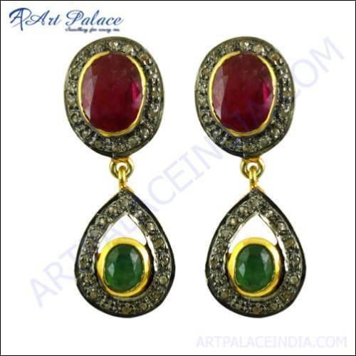 Fastival Wear Diamond, Emerald & Ruby Gold Plated Silver Earrings Gemstone Victorian Earrings Latest Victorian Earrings