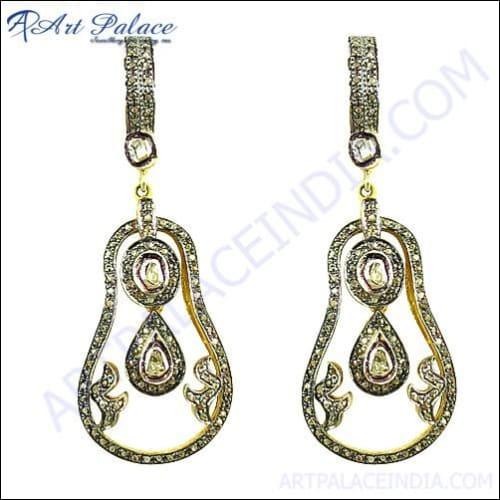 Feminine Ethnic Designer Diamond Gold Plated Silver Victorian Earrings Expensive Looking Victorian Earrings Superb Victorian Earrings