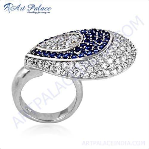 Feminine Unique Design Blue Glass & Cubic Zirconia Gemstone Silver Ring