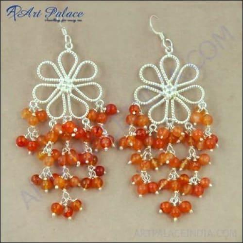 Feminine Unique Design Carnelian Gemstone Silver Earrings