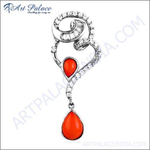 Feminine Unique Design Coral & Cz Gemstone Silver Pendant