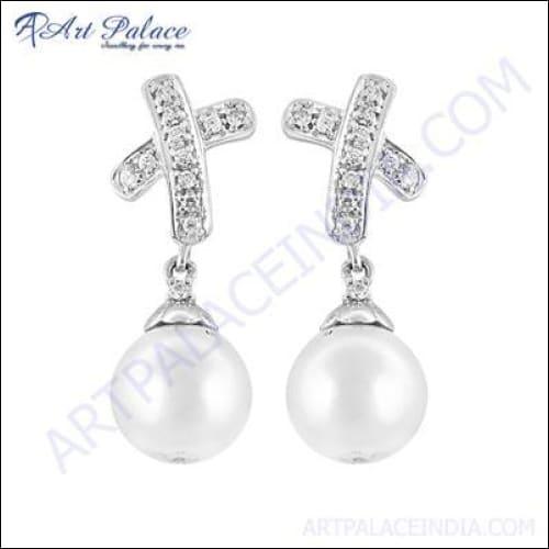 Feminine Unique Design Cubic Zirconia & Pearl Gemstone Silver Earring