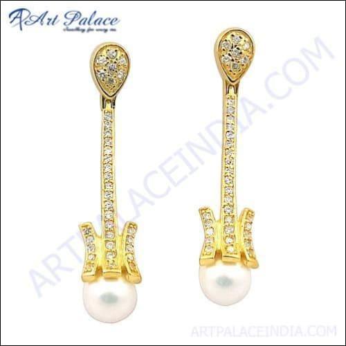 Feminine Unique Design Cubic Zirconia & Pearl Gemstone Silver Gold Plated Earrings