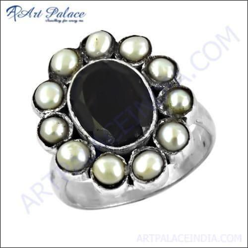 Feminine Unique Designer Black Onyx & Pearl Gemstone Silver Ring