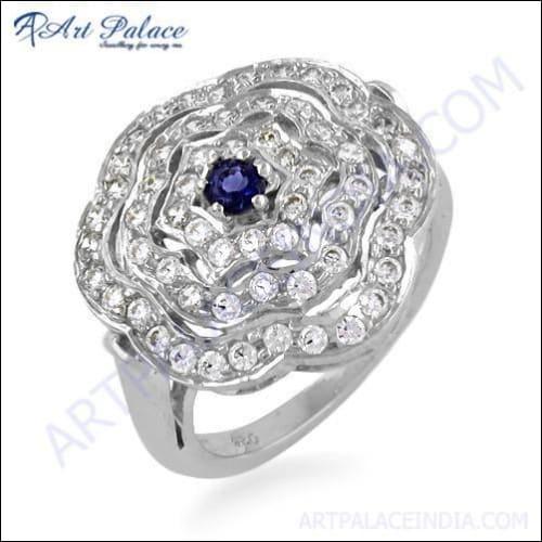 Feminine Unique Designer Cubic Zirconia & Iolite Gemstone Silver Ring