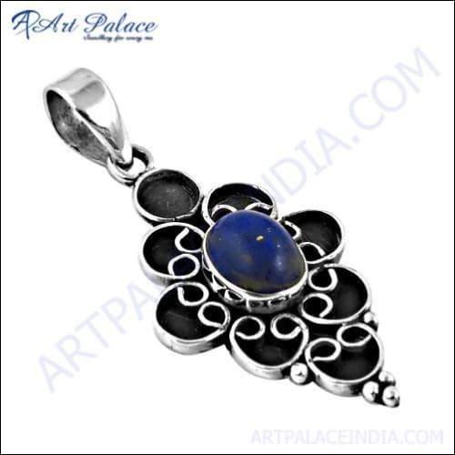 Feminine Unique Designer Lapis Lazuli Gemstone Silver Pendant Blue Gemstone Pendant Ethnic Pendant