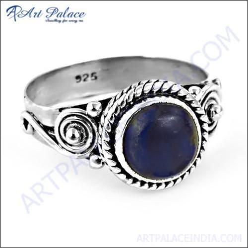 Feminine Unique Ethnic Design Lapis Lazuli Gemstone Silver Ring, 925 Sterling Silver Jewelry