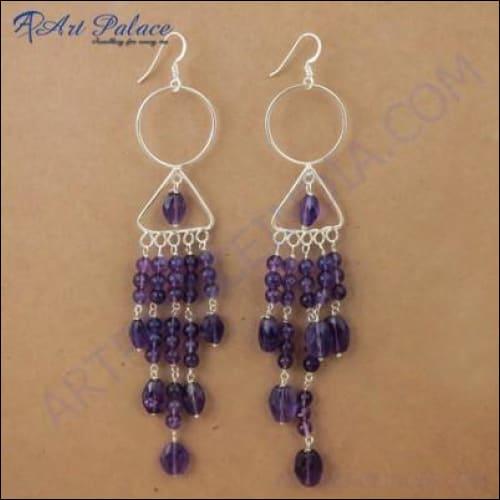 Feminine Unique Style Amethyst Gemstone Silver Earrings, 925 Sterling Bali Beaded Silver Jewelry