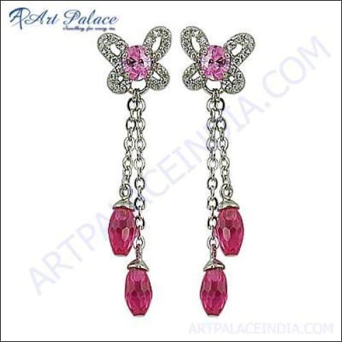 Feminine Unique Style Cubic Zirconia & Pink & Red Cubic Zirconia Gemstone Silver Earrings