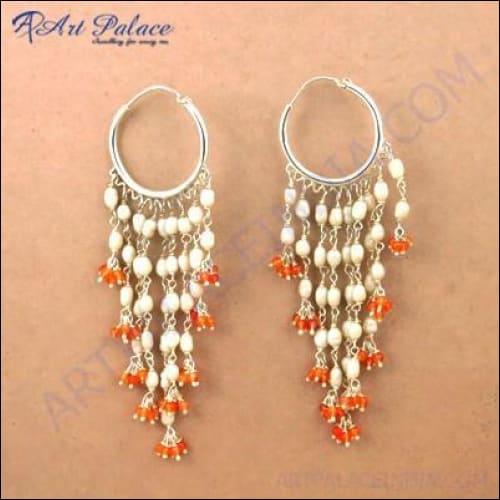 Festive Jewelry Carnelian & Pearl Silver Beaded Earrings Glitzy Beaded Earrings Coolest Beaded Earring