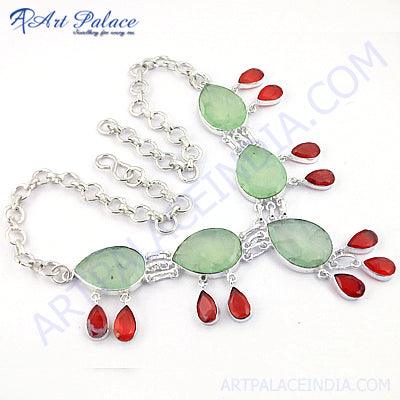 Festive Jewelry Carnelian & Prenite Gemstone German Silver Necklace