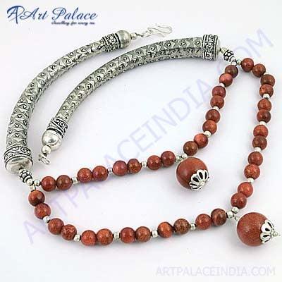 Festive Jewelry Synthetic Brown Sand Stone German Silver Necklace Opaque Gemstone Necklace Solid Necklace