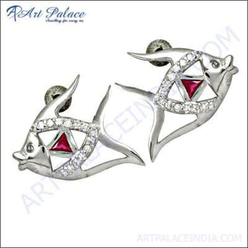 Fish Style Pink Glass & Cubic Zirconia Silver Earrings Everyday Cz Earrings Awesome Cz Earrings