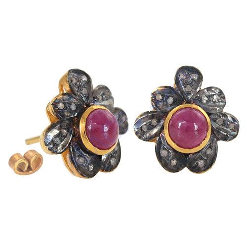 Floral Design Diamond & Dyed Ruby Stone Victorian Stud Earring Dyed Ruby Victorian Earrings Excellent Victorian Earrings Newest Victorian Earrings