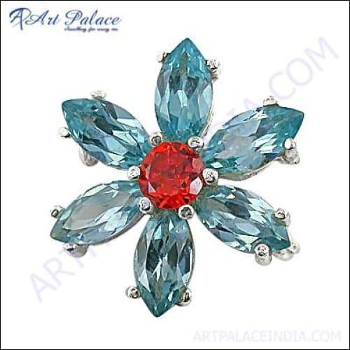 Flower Brooch Blue Topaz & Red Cubic Zirconia Gemstone