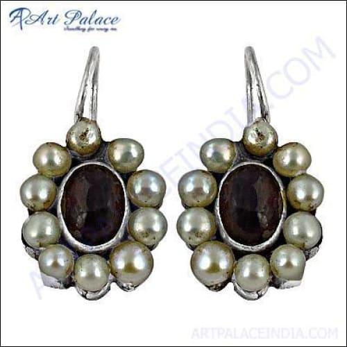 Flower Shape Pearl & Garnet Silver Earrings