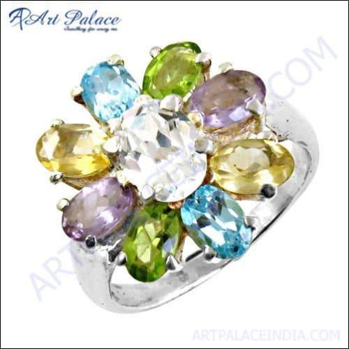 Flower Style Multi Gemstone Silver Ring