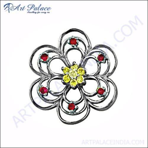 Flower Style Yellow & Pink Zirconia Silver Pendant