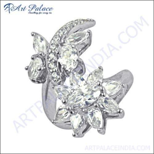 Flower With Butterfly Style Cubic Zirconia Gemstone Silver Ring