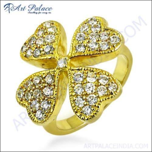 Four Heart Shape Cubic Zirconia Gemstone Gold Plated Silver Ring