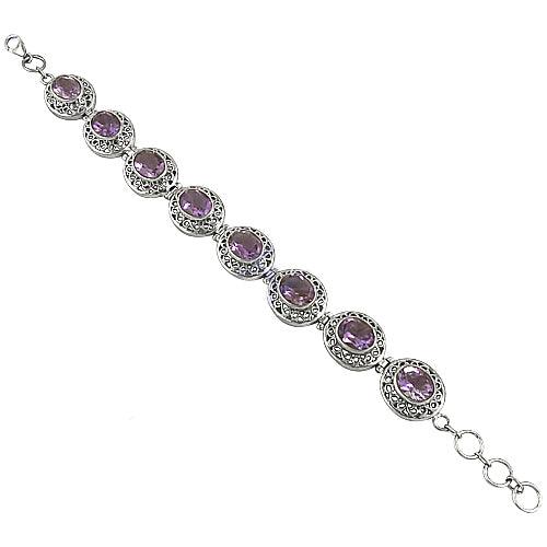 Fret Work Amethyst Gemstone Silver Bracelet, 925 Sterling Silver Jewelry Glittering Bracelet Shiny Bracelet