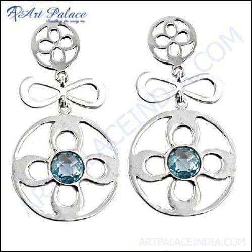 Fret Work Blue Topaz Gemstone Silver Earrings Gemstone Earring Designer Gemstone Earrings Blue Topaz Earrings