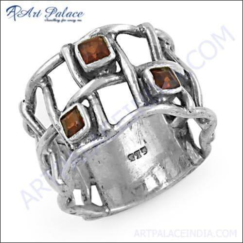 Fret Work Orange Cubic Zirconia Gemstone Silver Ring