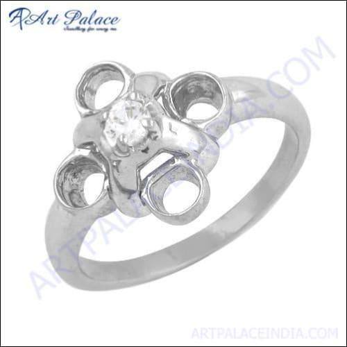 Fret Work Silver Cubic Zirconia Gemstone Ring