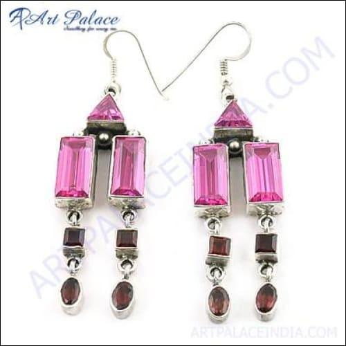 Garnet & Pink Cubic Zirconia Gemstone Silver Earrings 925 Silver Jewelry Wonderful Cz Earring Newest Cz Earring
