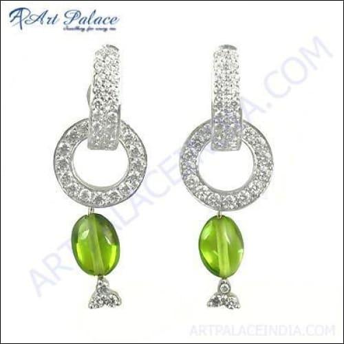 Genuine Cubic Zirconia & Peridot Gemstone Silver Earrings