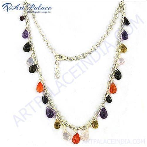 Girl's Wear Colorfull Gemstones Plain Silver Necklace