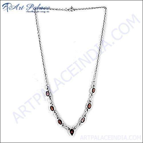 Girl's Wear Garnet Plain Silver Necklace