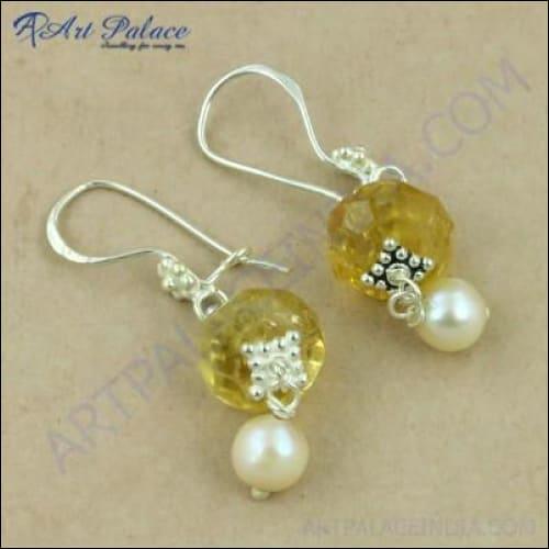 Girls Fashionable Citrine & Pearl Silver Earrings Women Earrings Beads Silver Earrings