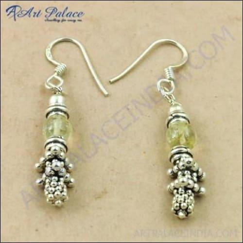 Girls Fashionable Citrine Gemstone Silver Earrings Hand Finished Earrings Citrine Beads Earrings