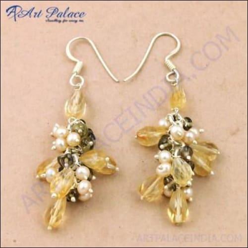 Girls Fashionable Multi Gemstone Silver Earrings Citrine Earrings Yellow Beaded Earrings