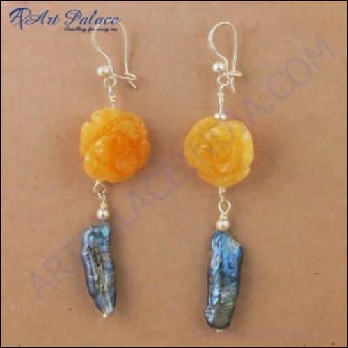 Girls Fashionable Viva Pearl & Yellow Aventurine Silver Earrings