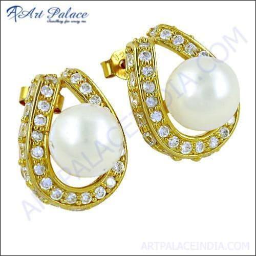Glamour Cz & Pearl Gemstone Gold Plated Silver Earrings