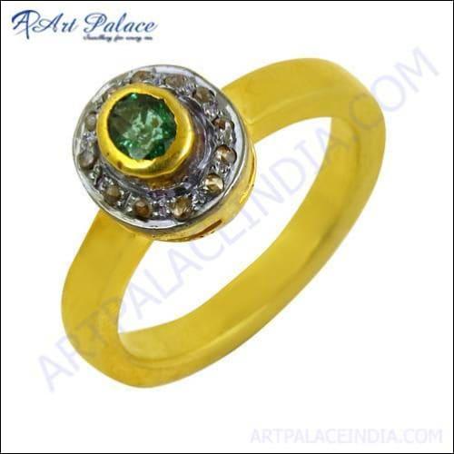 Glamour Style Diamond & Emerald Gold Plated Silver Ring Shiny Victorian Rings Fashionable Victorian Rings