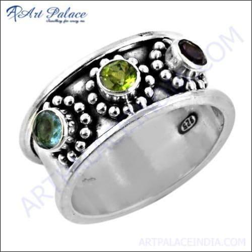 Glamours Amethyst & Blue Topaz Glass & Peridot Gemstone Silver Ring, 925 Sterling Silver Jewelry