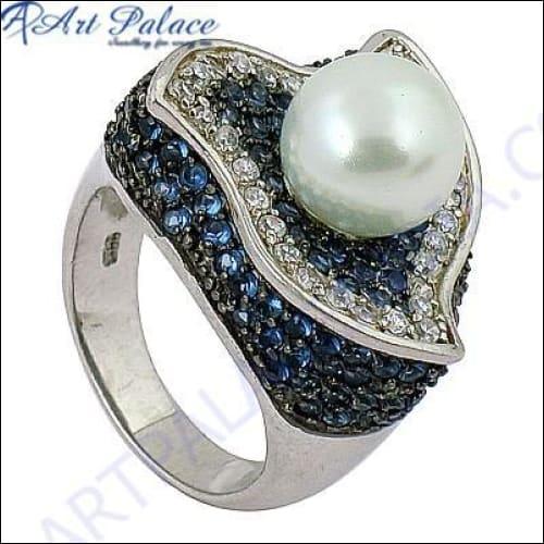 Glamours Pearl & Cubic Zirconia Gemstone Silver Ring