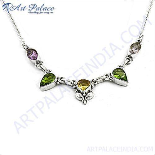 Gorgeous Amethyst & Citrine, Peridot Silver Necklace