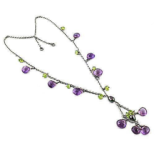Gorgeous Amethyst, Black Pearl & Peridot 925 Silver Necklace Glitzy Beads Necklace Latest Beaded Necklace