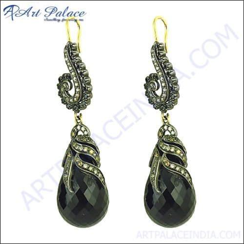 Gorgeous Black Onyx & Black & Yellow & White Zirconia Gold Plated Silver Graceful Victorian Earrings Latest Victorian Earrings