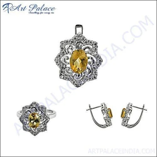 Citrin CZ Silver Jewellery Set (Ring, Earring and Pendant) 