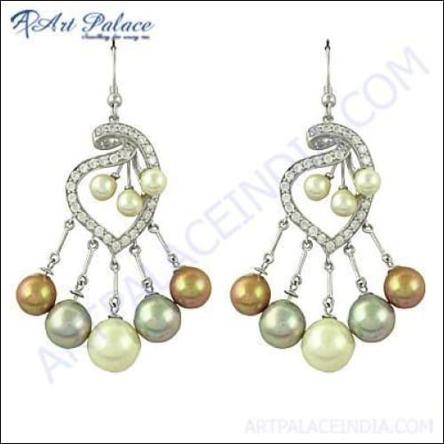 Gorgeous Cubic Zirconia & Pearl Gemstone Silver Earrings, 925 Sterling Silver Jewelry