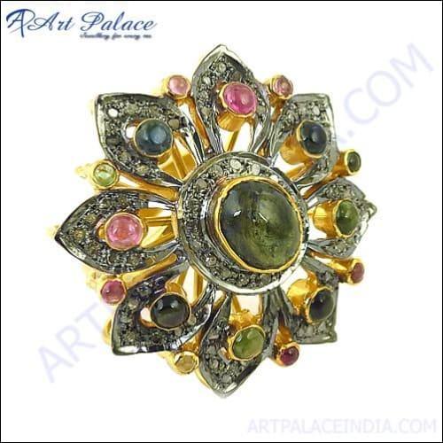 Gorgeous Diamond & Tourmaline Gold Plated Silver Victorian Ring Stylish Victorian Rings Fashionable Victorian Rings