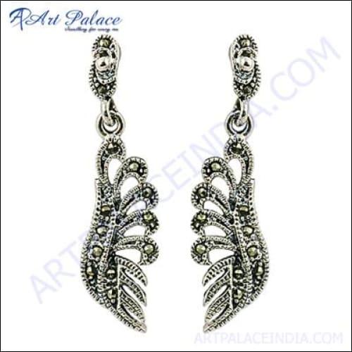 Gorgeous Gun Metal Gemstone Silver Earrings, 925 Sterling Silver Jewelry Superb Earrings Marcasite Earrings